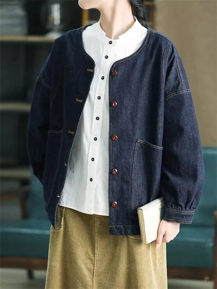 Vintage Artistic Washed Round Neck Cotton Denim Jacket for Women