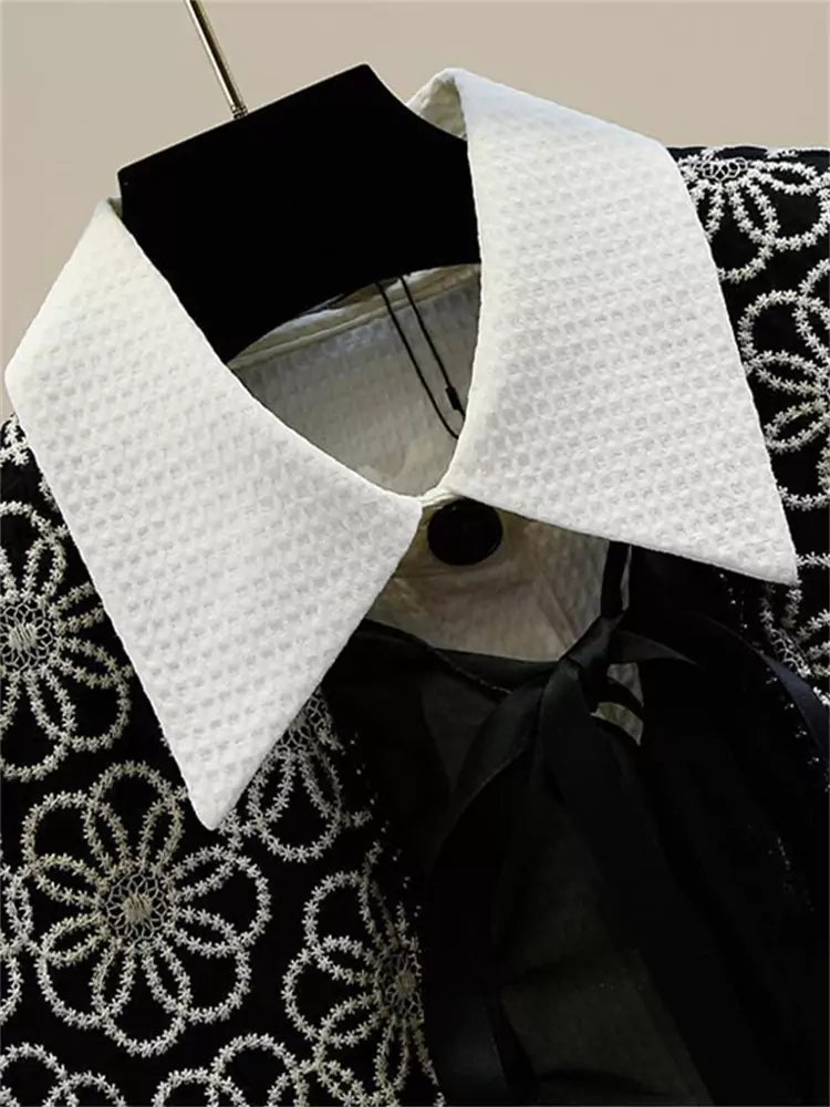 Sweet Embroidered Ruffle Trim Button-Up Shirt with Tie Cape Two-Piece Set for Women