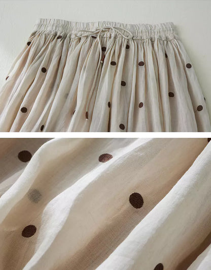 Hochtaillierter, doppellagiger A-Linien-Maxirock aus Ramie und Leinen mit Polka-Dots für Damen