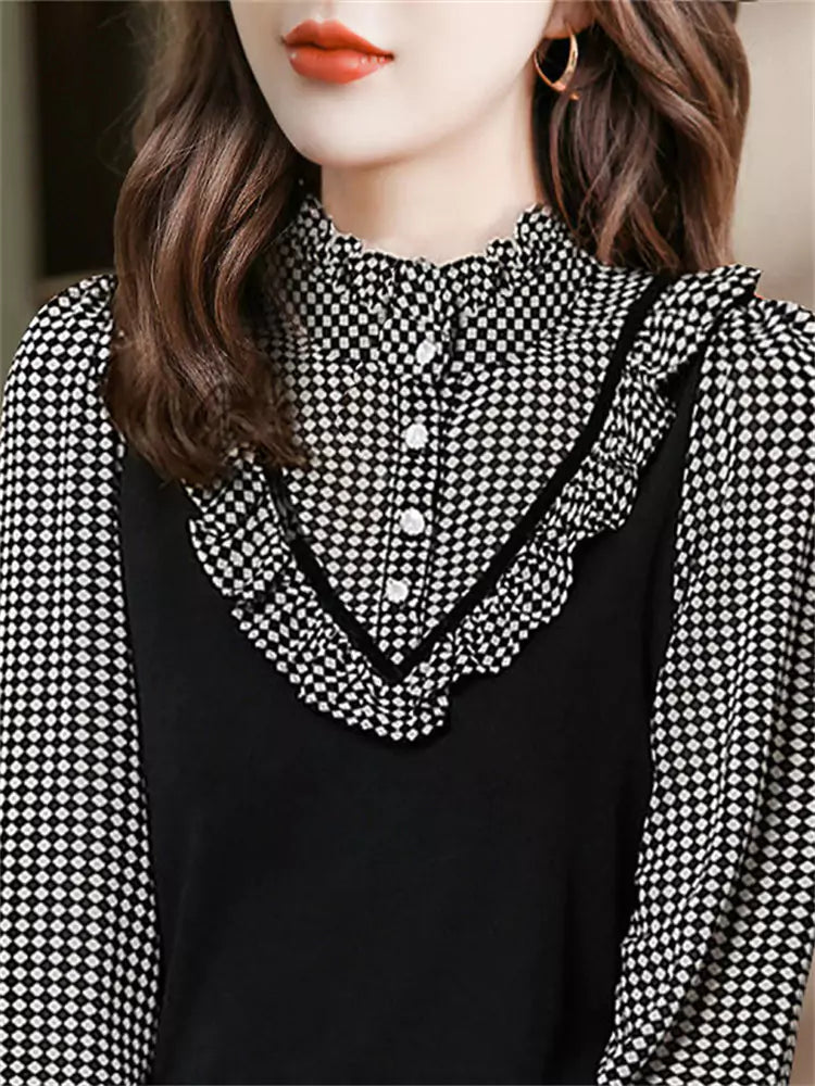 Vintage Plaid Ruffled Layered-Look Stand Collar Long Sleeve Blouse