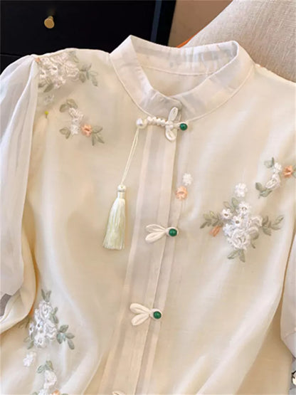 Blusa de gasa de manga corta con bordado exquisito y mangas abullonadas para mujer, talla grande