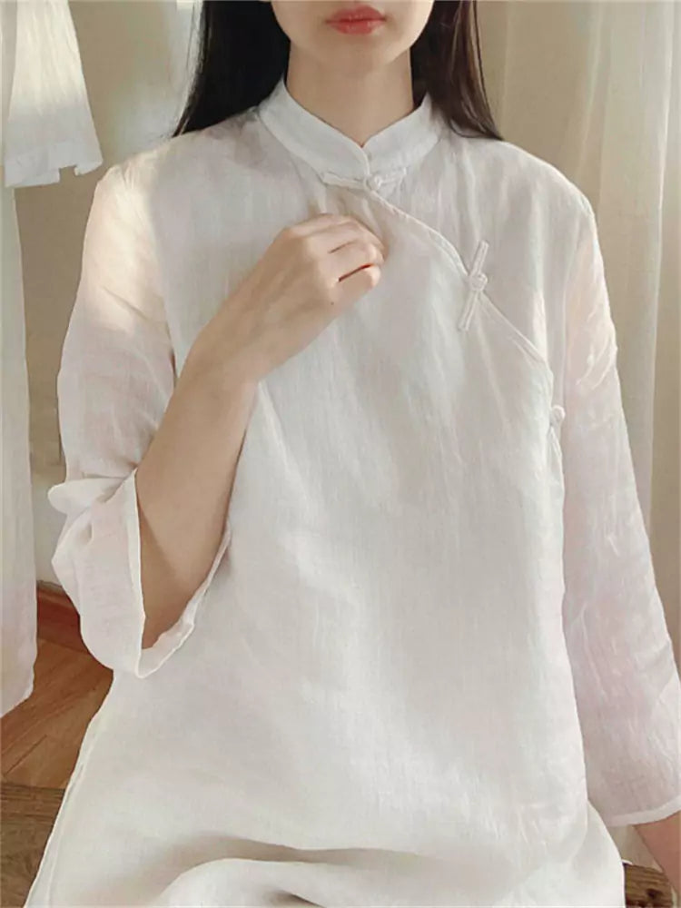 New Chinese Style Diagonal Placket Linen Blouse for Women