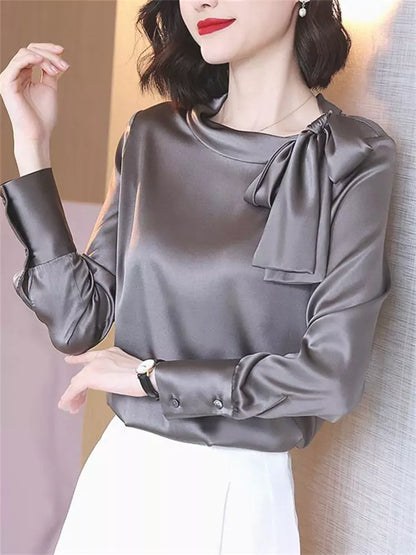Elegante langärmlige Bluse mit Satinschleife für Damen