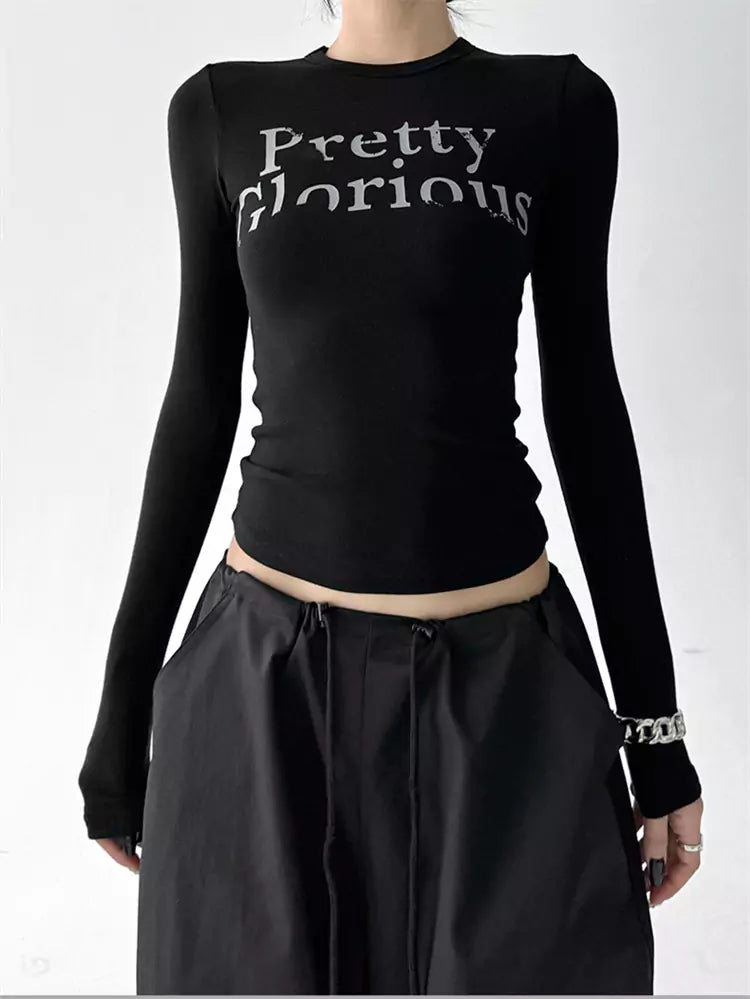 Slim Fit Black Letter Print Cropped T-Shirt for Women