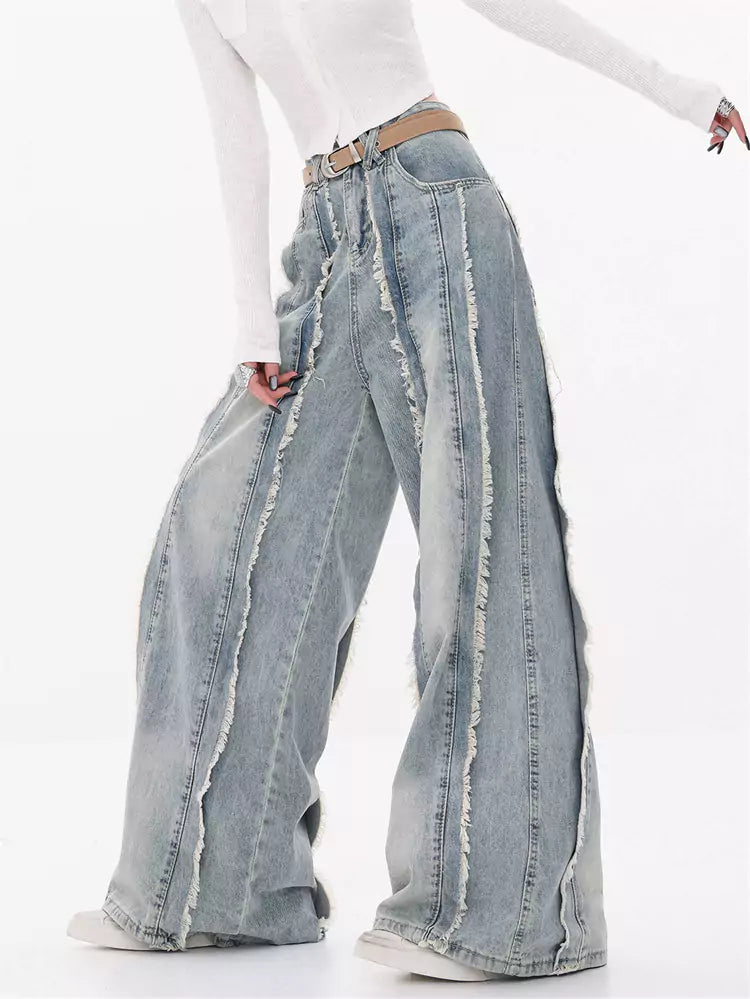 Pantalones vaqueros anchos con dobladillo sin rematar para mujer: pantalones holgados de pierna recta