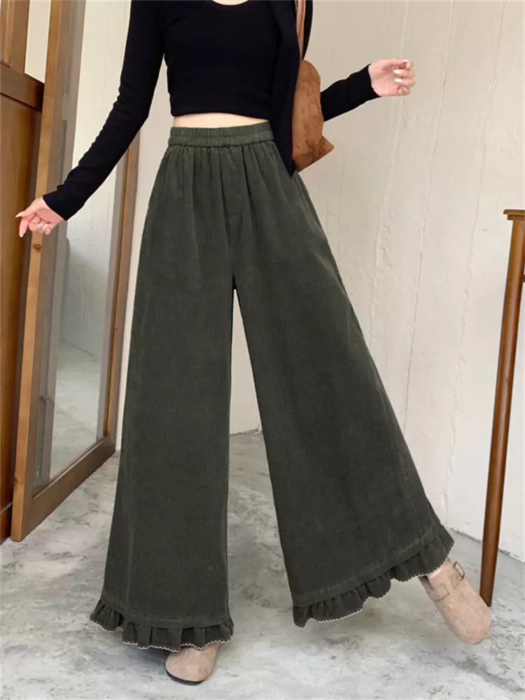 Pantalones anchos de pana rosa con volantes para mujer