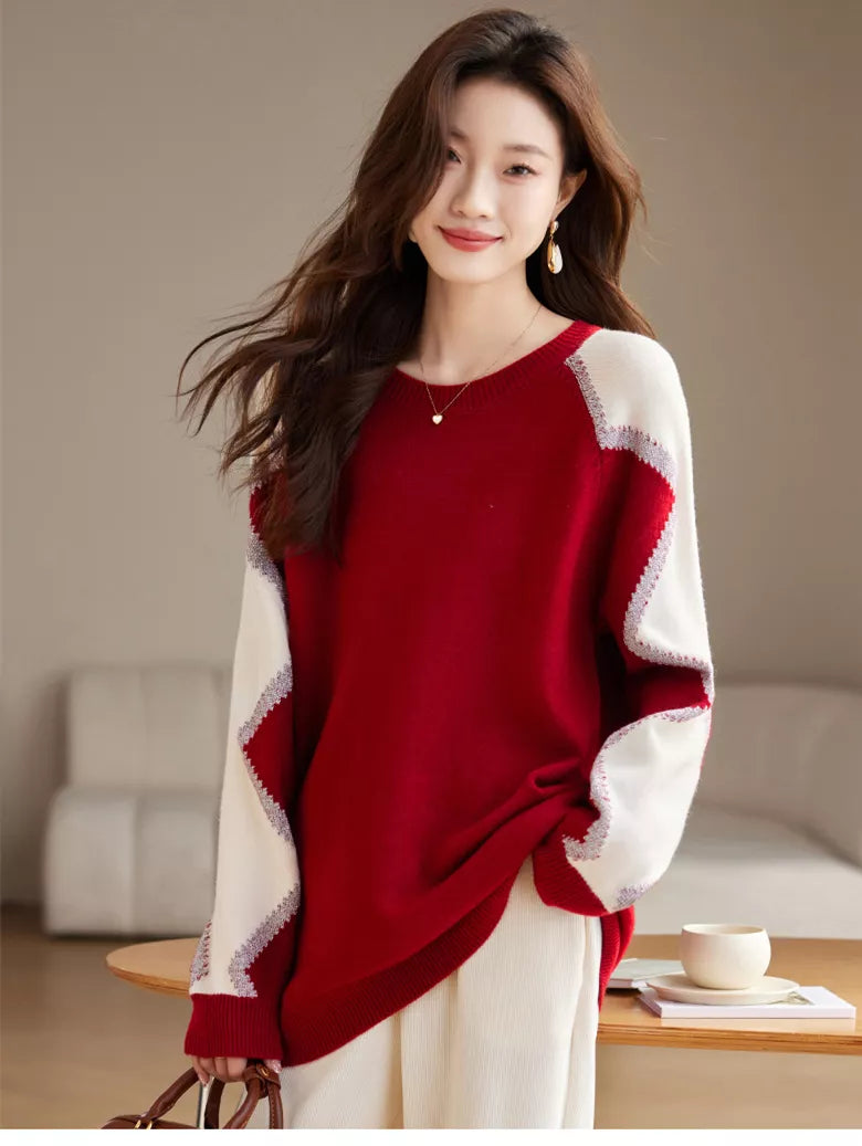 Red Colorblock Loose Knit Sweater for Women