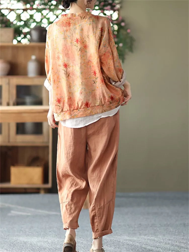 Women’s Orange Vintage Linen Casual Printed Shirt