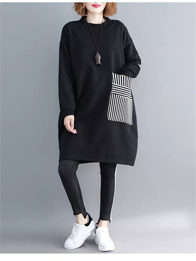 Vestido tipo sudadera holgado negro para mujer con bolsillos grandes