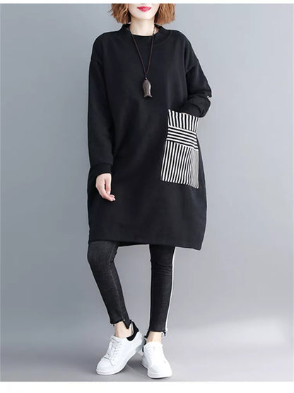 Vestido tipo sudadera holgado negro para mujer con bolsillos grandes