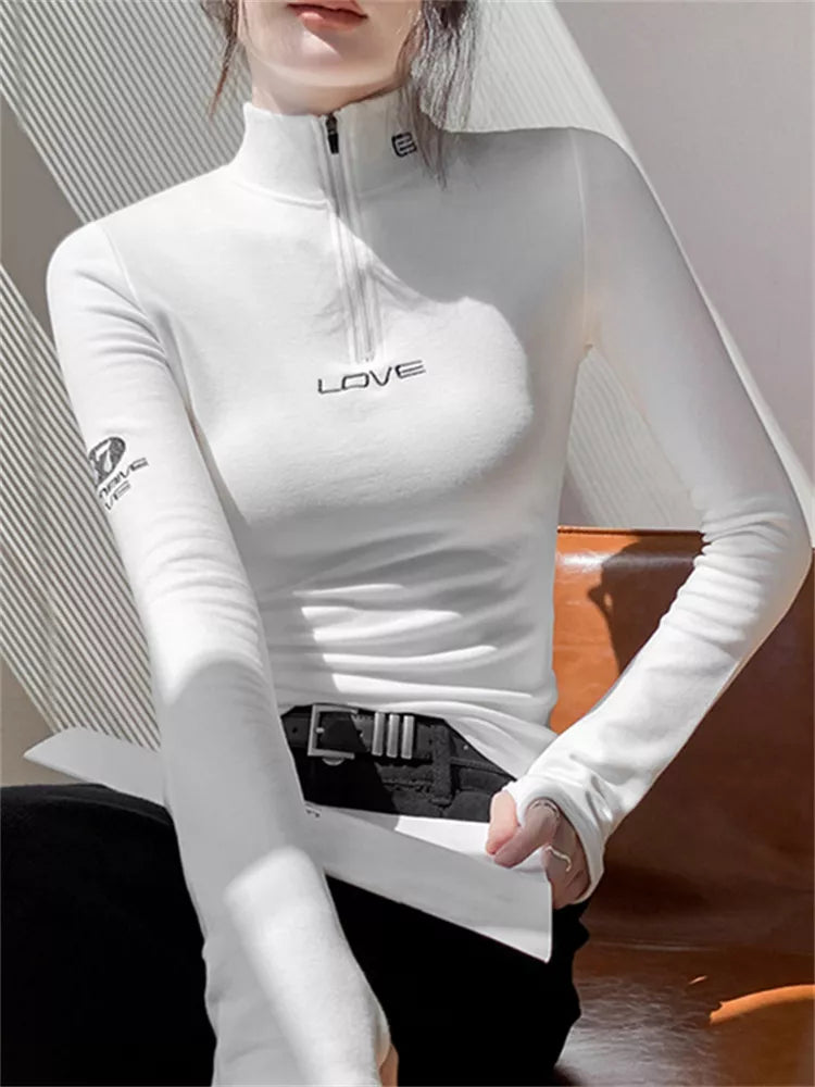 Halbgeschlossenes, langärmeliges, figurbetontes Oberteil mit Reißverschluss für Damen