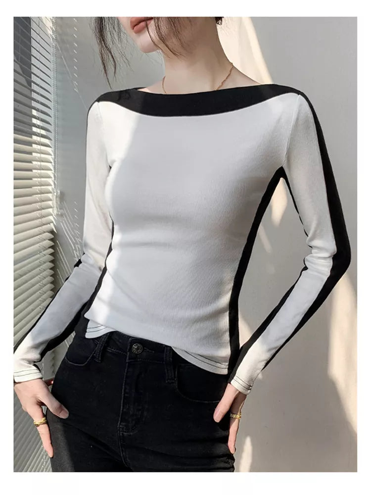 Colorblock Slash Neck Long Sleeve Slim Fit Top for Women