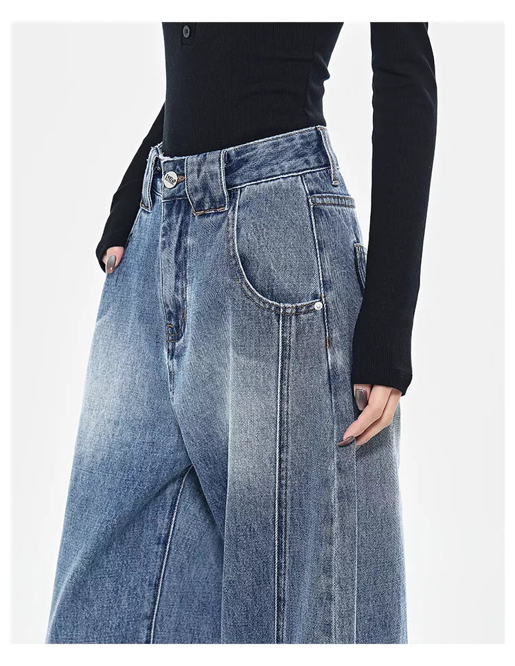 Vintage Deconstructed Curved Denim Wide-Leg Jeans for Women
