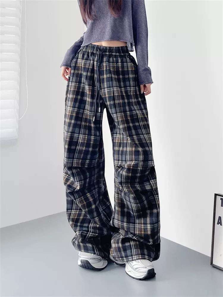 Pantalones anchos a cuadros con cintura alta y elegantes tallas grandes para mujer