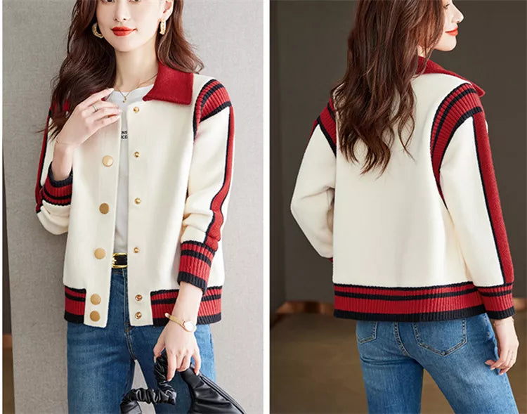 Red Contrast-Collar Button-Up Wool Blend Bomber Jacket for Women