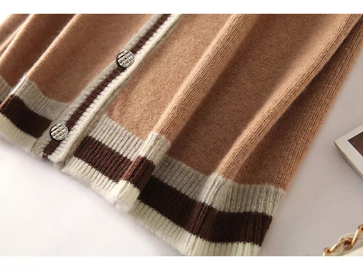 Chaleco de punto con cuello en V y botones para mujer - Cárdigan sin mangas con ribete de rayas estilo preppy