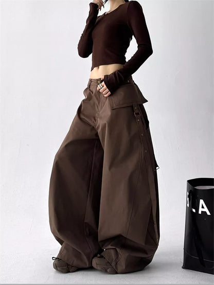 Black Classic High-Waist Wide-Leg Cargo Pants for Women