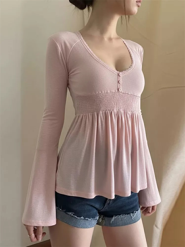 Black Lace Trim V-Neck Smocked Bell Sleeve Top