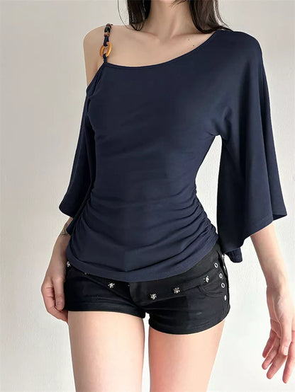 Women's Brown Asymmetric One-Shoulder Ruched Top with Ring Detail and Bell Sleeves