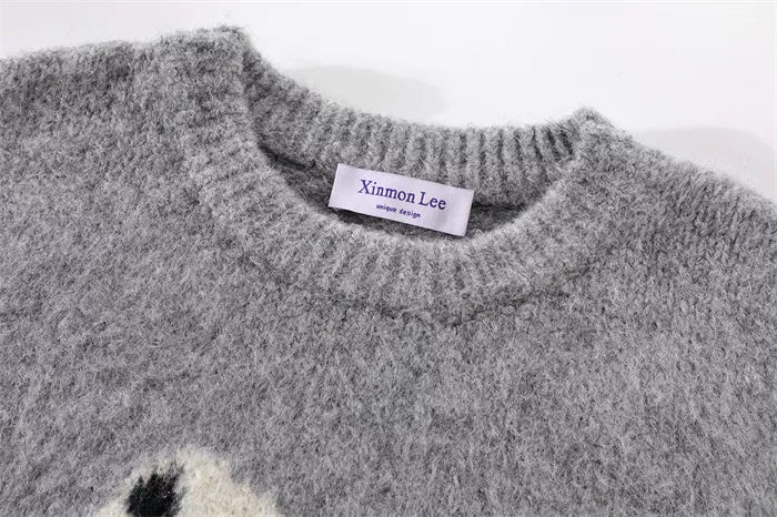 Women's Gray Fuzzy Knit Sweater with Abstract Zebra Graphic