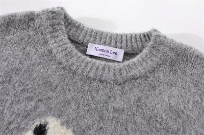 Women's Red Fuzzy Knit Sweater with Abstract Zebra Graphic