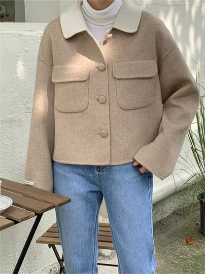 Women's Vintage Grey Woolen Short Jacket with Contrast Cream Collar