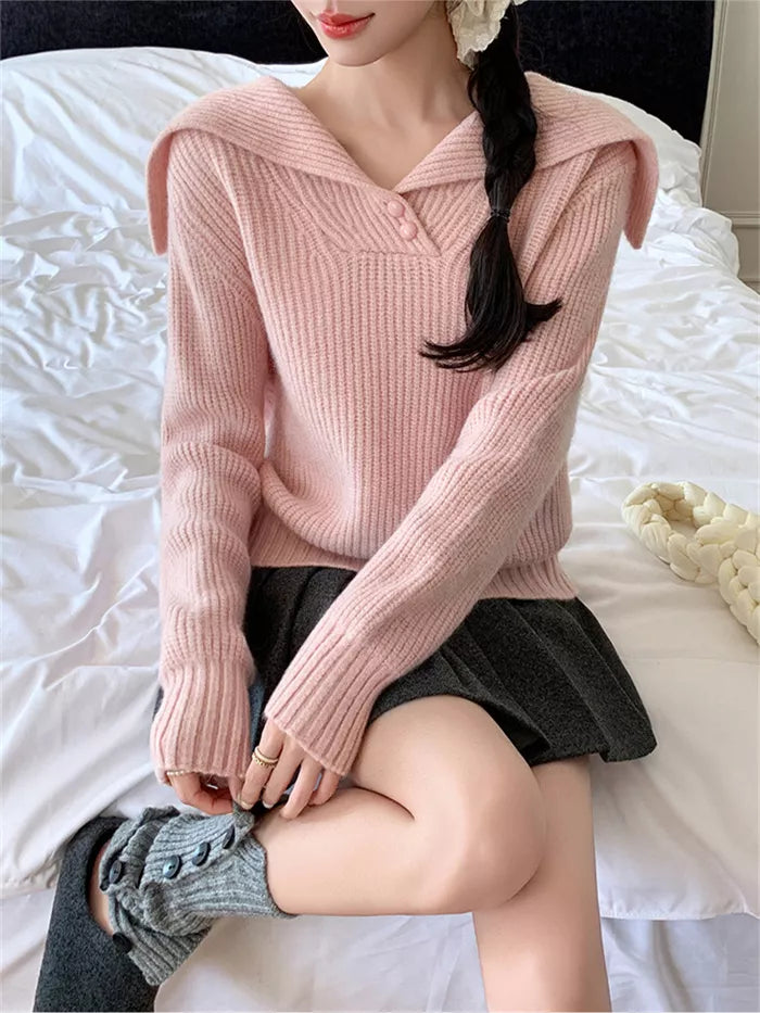 Women's Sweet Pink Sailor Collar Knitted Sweater