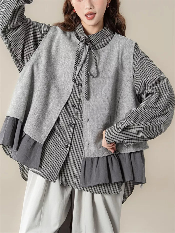 Women's Vintage 2-Piece Set Grey Ruffled Vest & Plaid Long Sleeve Shirt Layered Outfit