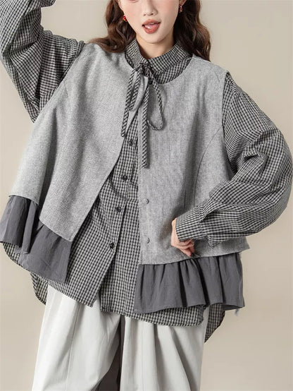 Women's Vintage 2-Piece Set Grey Ruffled Vest & Plaid Long Sleeve Shirt Layered Outfit