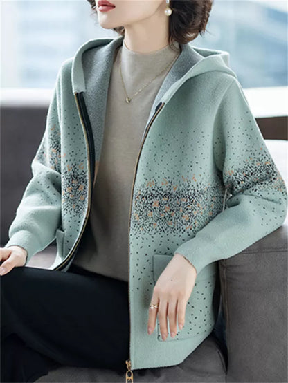 Women's Mint Green Hooded Knit Jacket Casual Zip-Up Cardigan Sweater Coat with Speckled Print