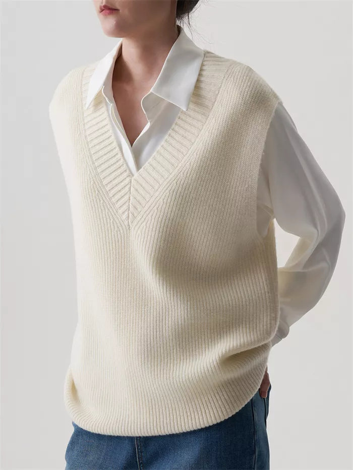Women's Dark Brown Wool V-Neck Knit Vest Loose Sleeveless Pullover Sweater