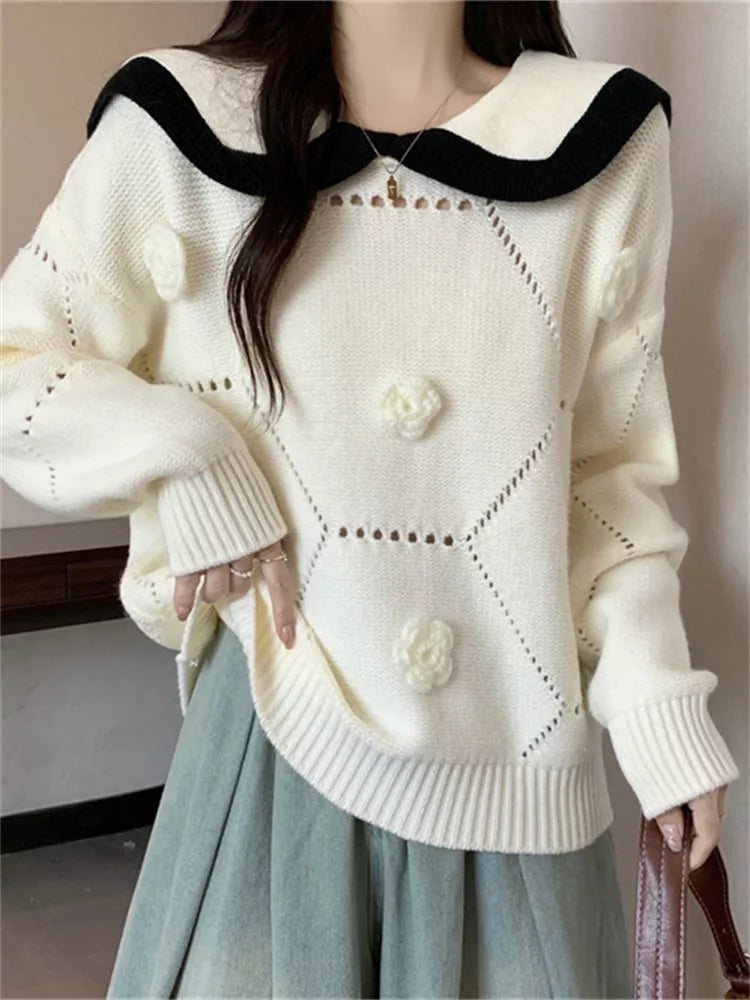 Women's Cute Beige Sailor Collar Knit Sweater 3D Floral Applique Pullover