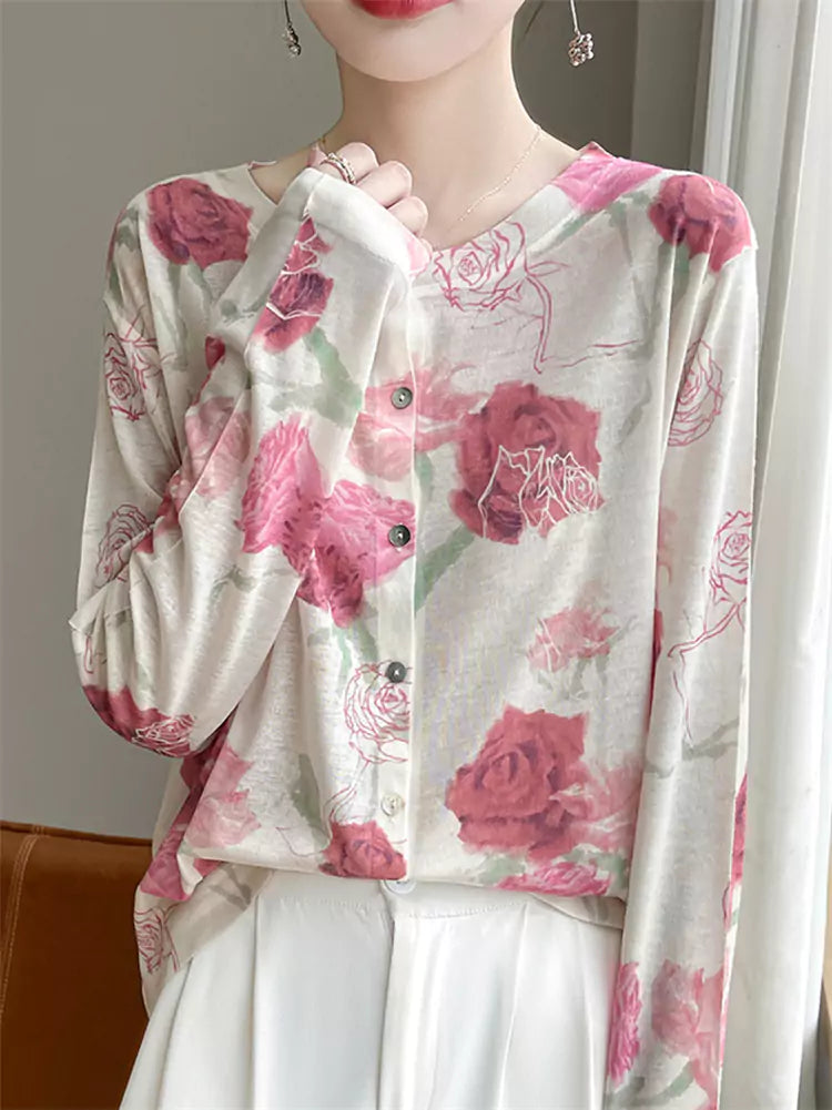 Lightweight Wool Knit Cardigan with Rose Floral Print