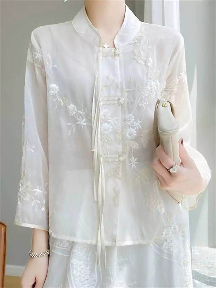 Chinese Style White Satin Overlay Mesh Blouse with Jacquard Design