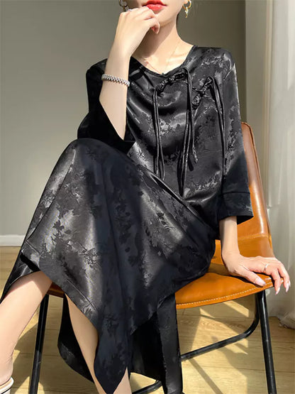 Elegant Black Round Neck Midi Dress with Oriental Jacquard and Wide Sleeves