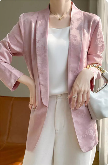 Elegant Chic White Jacquard Blazer with Slimming Effect and Oriental Flair