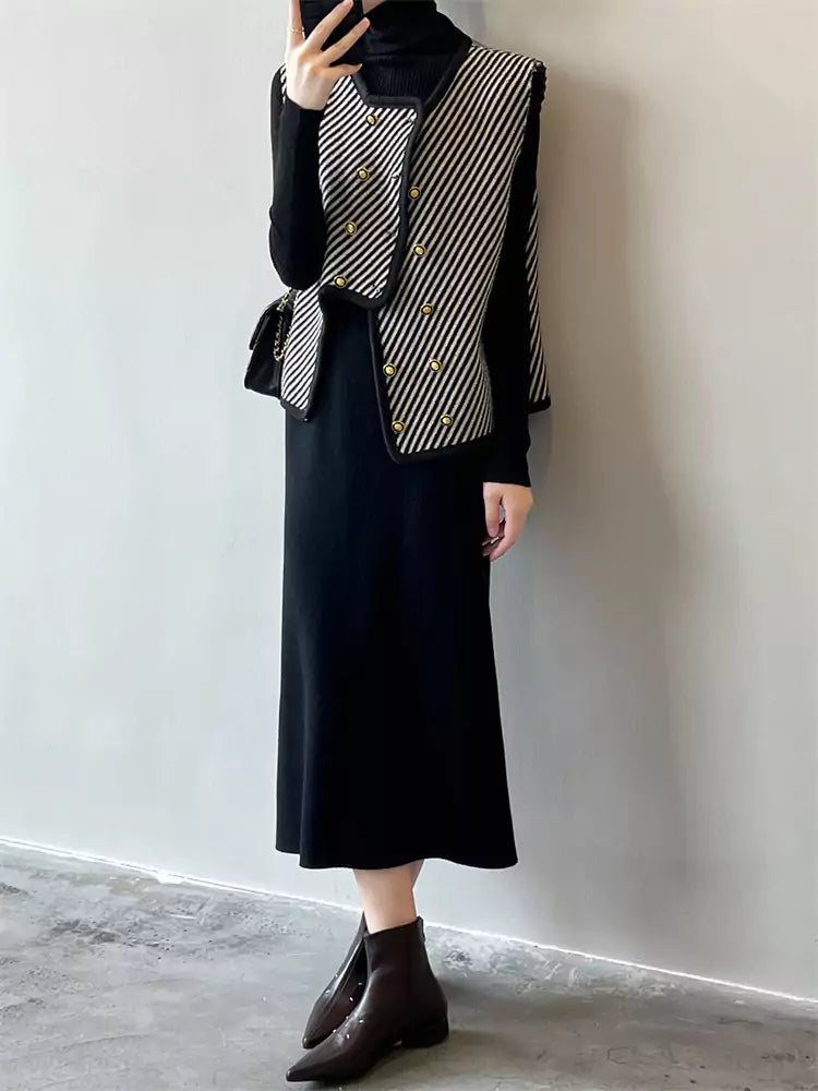 Spring Casual Chic Striped Knit Vest with Asymmetrical Hem