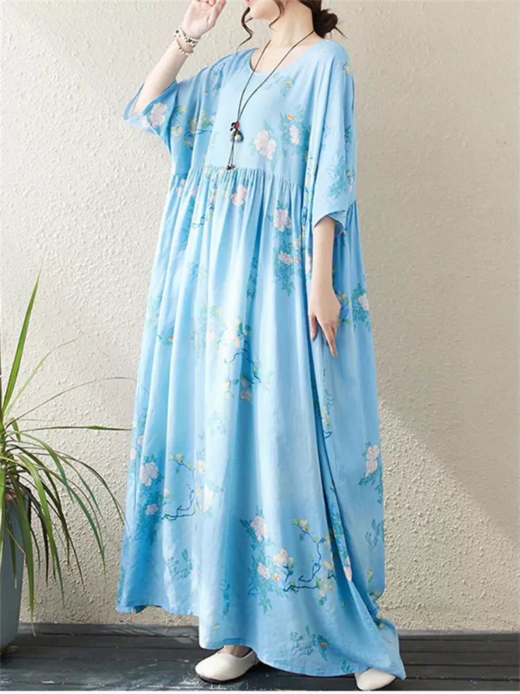 Bohemian Vacation Style Cotton Linen Maxi Dress Short Sleeve