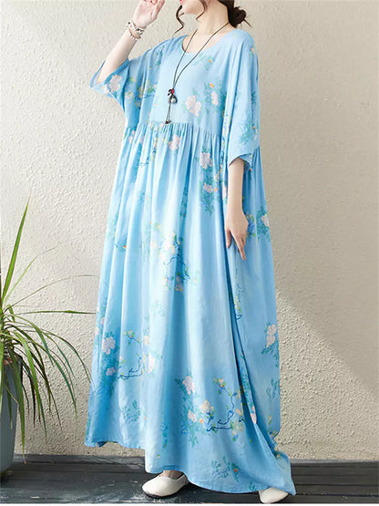 Maxikleid im Boho-Urlaubsstil aus Baumwoll-Leinen-Mischgewebe mit kurzen Ärmeln