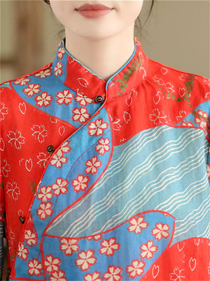 Vintage-Teebluse im chinesischen Stil mit Ramie-Print, Stehkragen und asymmetrischem Verschluss