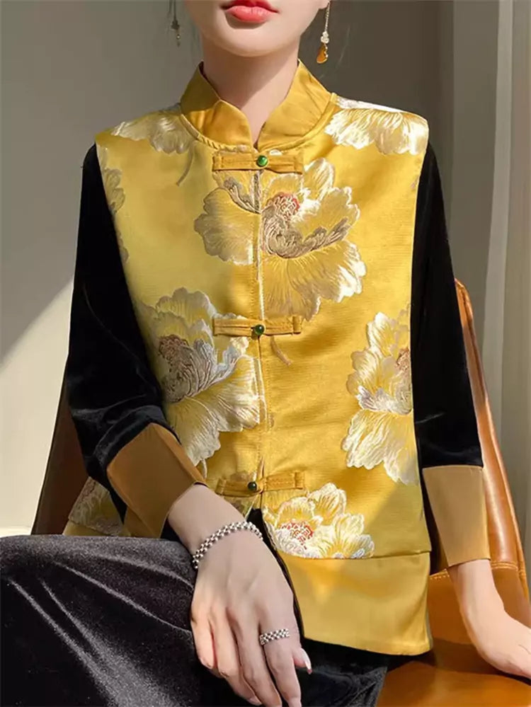 New Chinese Style Satin Embroidered Jacquard Vest with Stand Collar and Frog Buttons