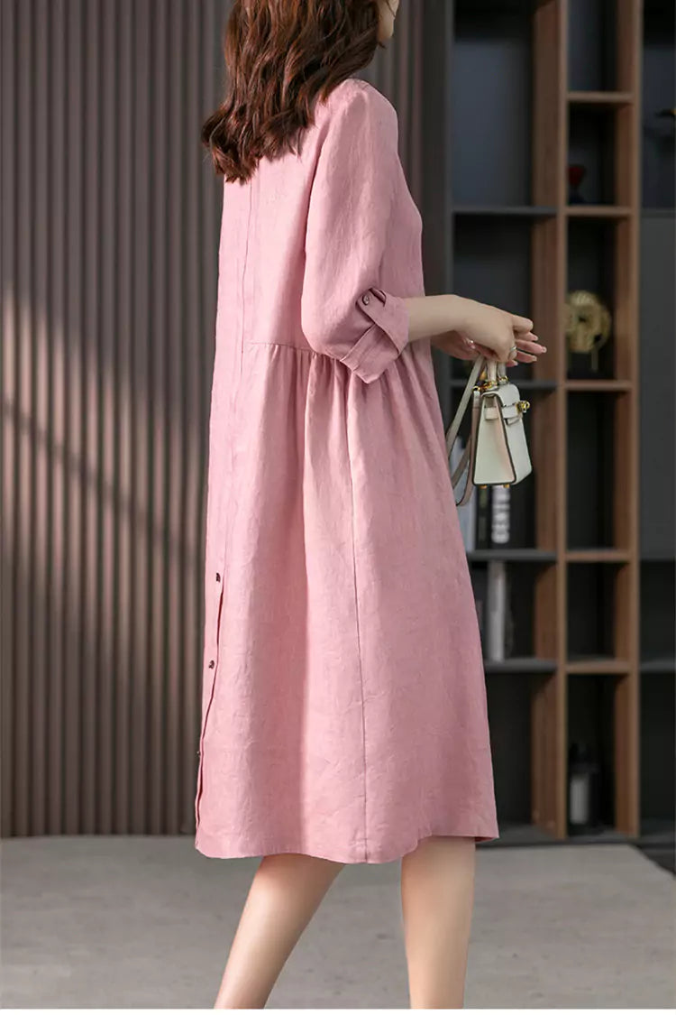 Elegant French-Style Pink Cotton Linen Shirt Dress