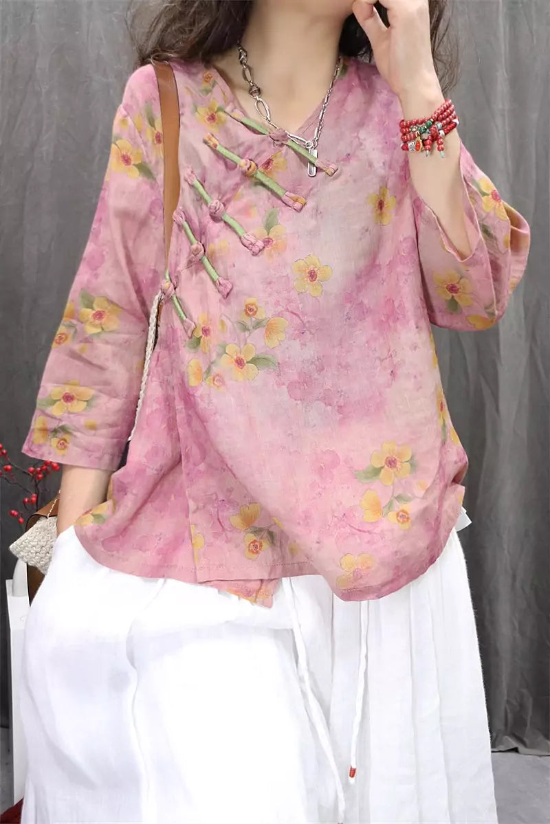 Chinese Style Orange Ramie Floral V-Neck Blouse with Frog Buttons and 3/4 Sleeves