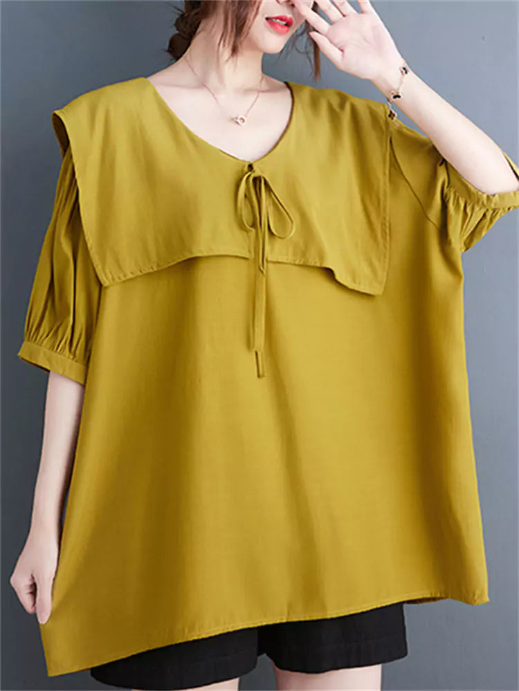 Plus Size Summer Loose-Fit Short Sleeve Shirt with Cape Detail and Doll Collar