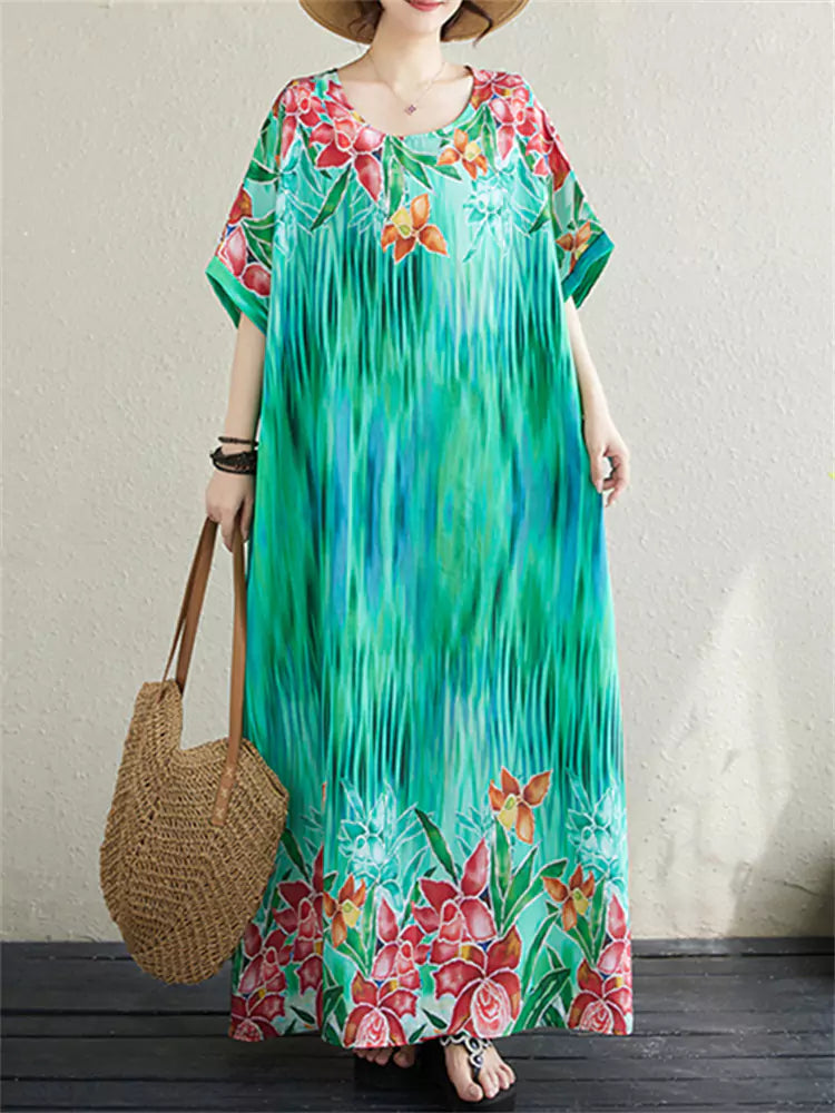 Bohemian Summer Plus Size  Beach Dress with Round Neck Elegant and Artistic Style