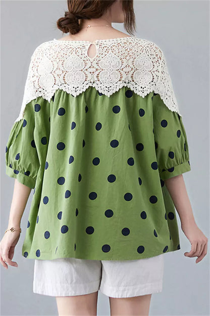 Süße, kurzärmelige Bluse im französischen Stil mit Polka-Dot-Spitzenapplikationen