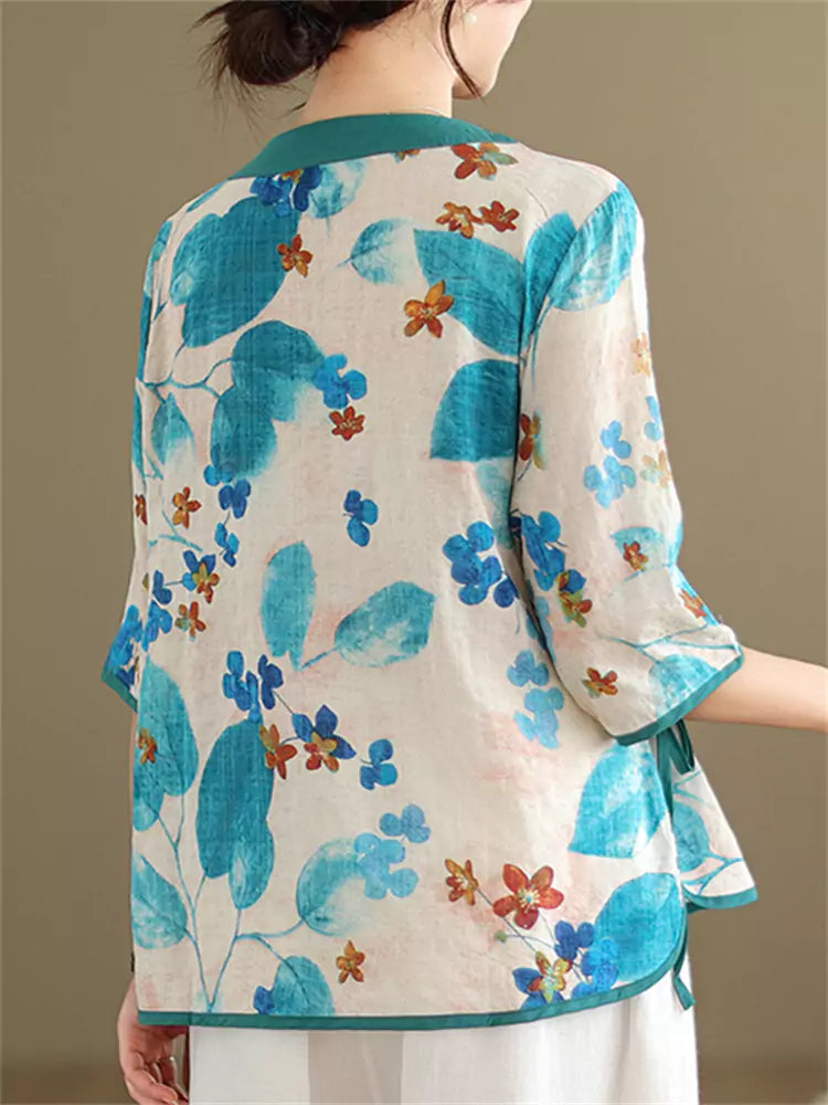 Vintage Blue Floral Print Blouse with Side Closure & Asymmetrical Collar