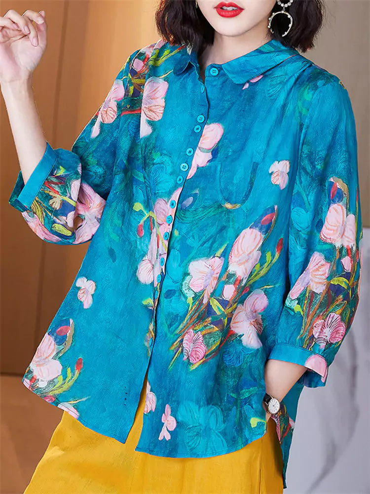 Plus Size High End Blue Floral Print Ramie Shirt for Women 3/4 Sleeve