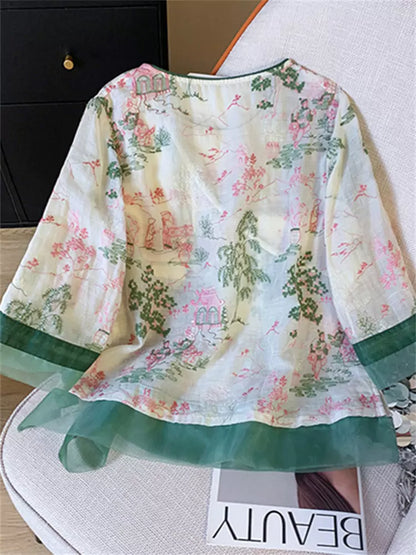 Hochwertige, leichte, bestickte Sommerbluse im Zen-Stil für Damen mit chinesischen Elementen