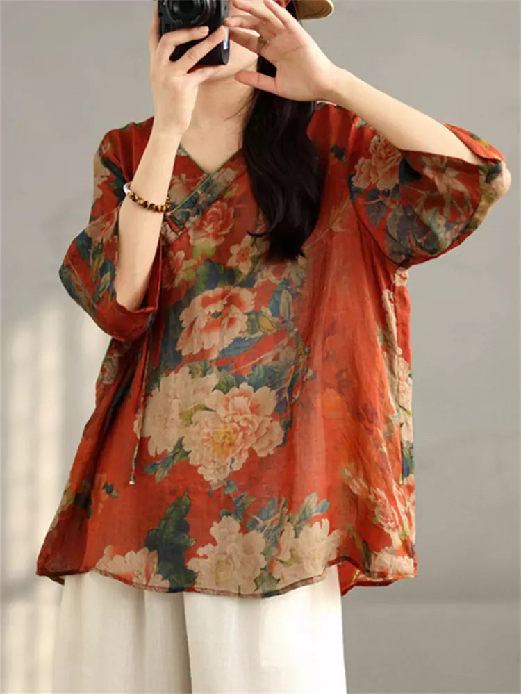 New Chinese Style Printed Oblique Placket Knot Button Linen Blend Blouse V-Neck Half Sleeve